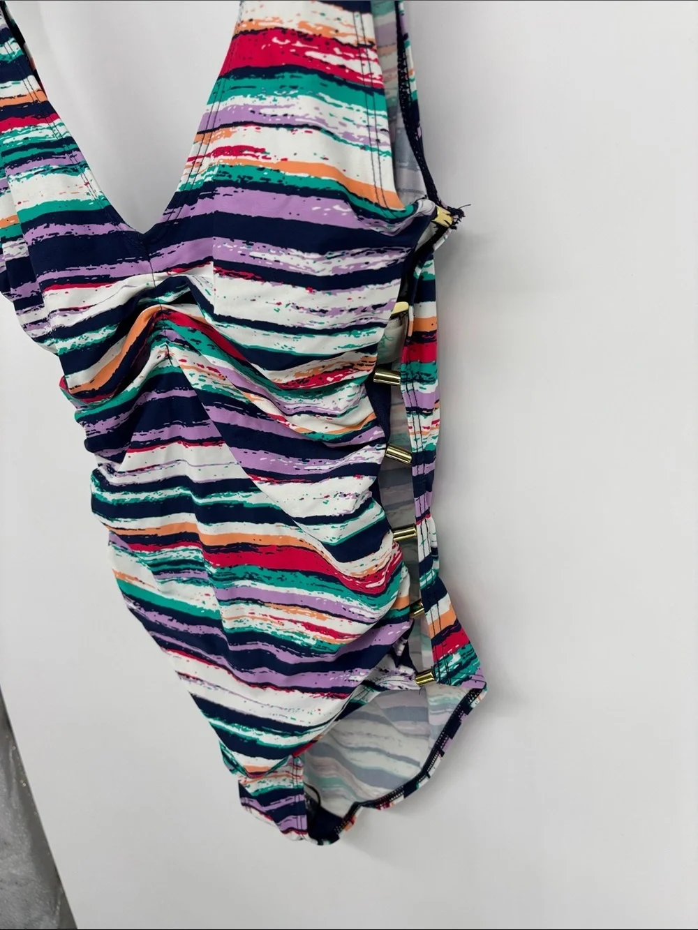 Beach Party side gold beading and plunge  back NWT lined swimsuit size 10